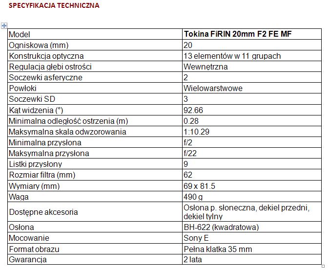 specyfikacja tokina